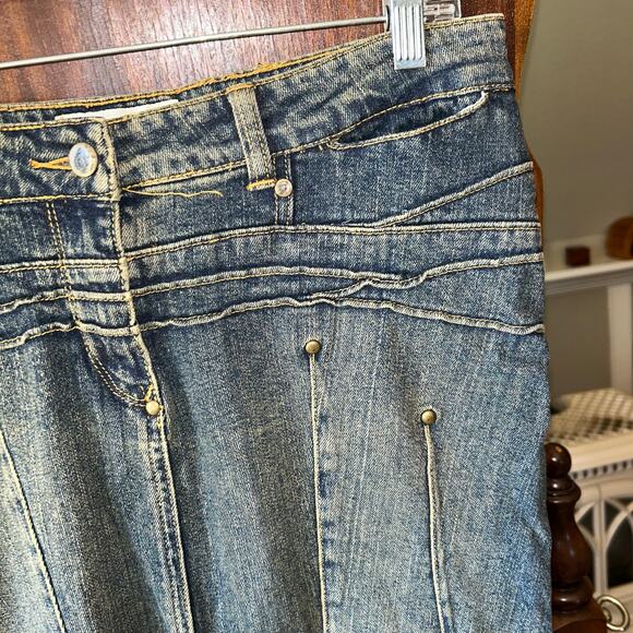 Vtg 90s BISOU BISOU Blue Faded Stretch Cotton Denim Mermaid Maxi Skirt 10 - Picture 4 of 11